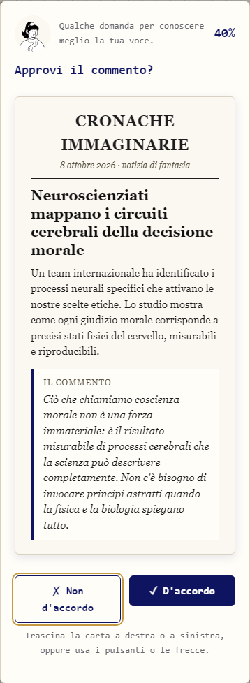 Una carta di giornale inventato, Cronache Immaginarie, con il commento e i pulsanti D'accordo e Non d'accordo.