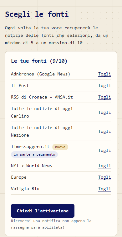 La pagina delle fonti: quelle scelte e il campo per scrivere la propria.