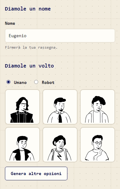 Il nome della voce e la scelta del volto fra sei ritratti disegnati.