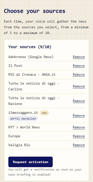 The sources page: the chosen ones and the field to type your own.