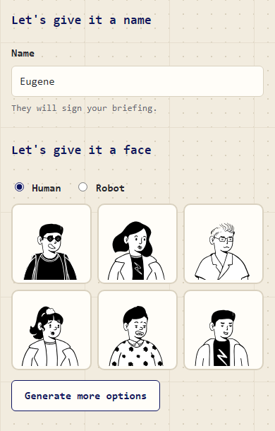 The voice's name and the choice of its face among six drawn portraits.