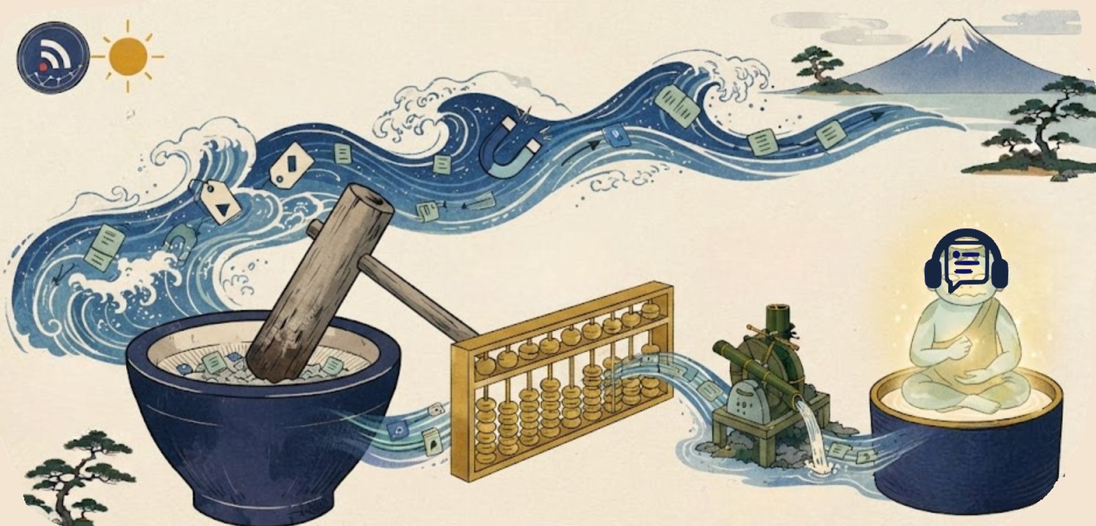 The news from your sources, like a wave, flows through the mortar, the abacus and the water wheel to your voice, wearing the My Station News headphones.